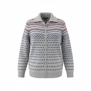 CJ Banks Women plus sz 2X Gray, Blue, red Fair Isle Pattern Zip Cardigan Sweater